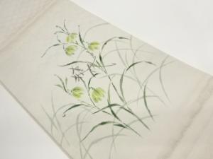 作家物　手描き芝・花葉模様開き名古屋帯（額縁仕立て）